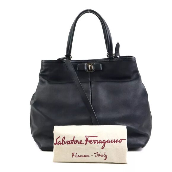 Auth Salvatore Ferragamo Vara Ribbon Handbag Shoulder Bag Black Leather h30837g - Picture 14 of 14